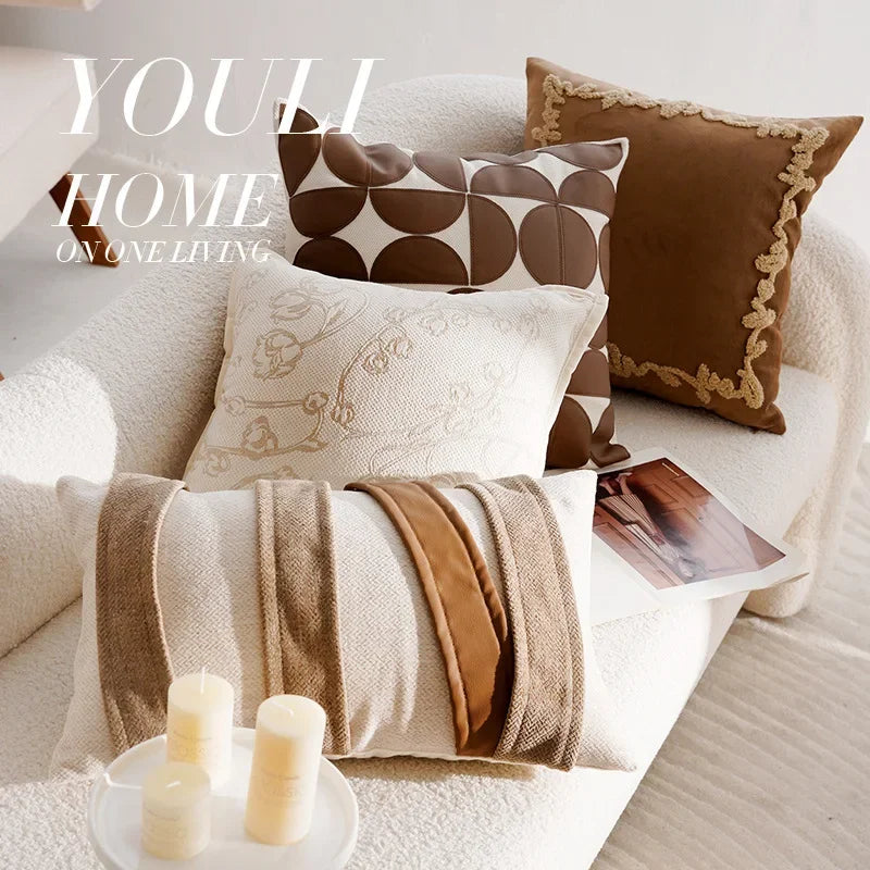 Élan Brown Jacquard Cushion Cover – Light Luxury French Style